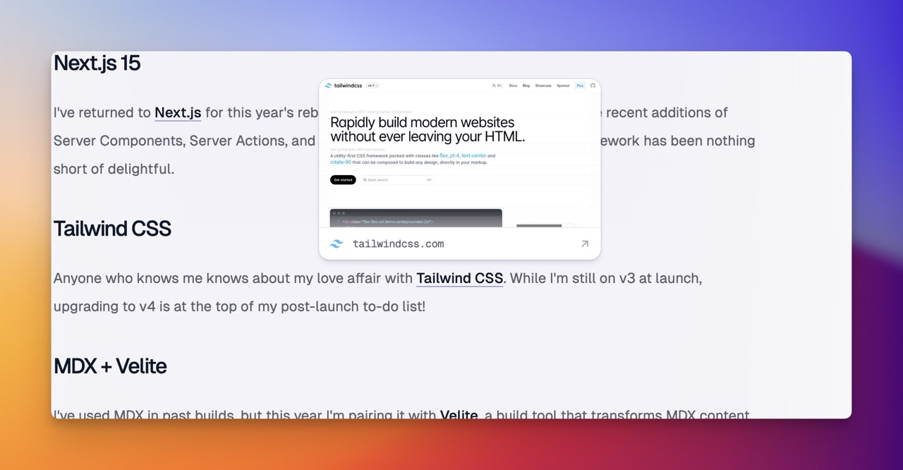 Link preview showing a screenshot popover when hovering over an external link